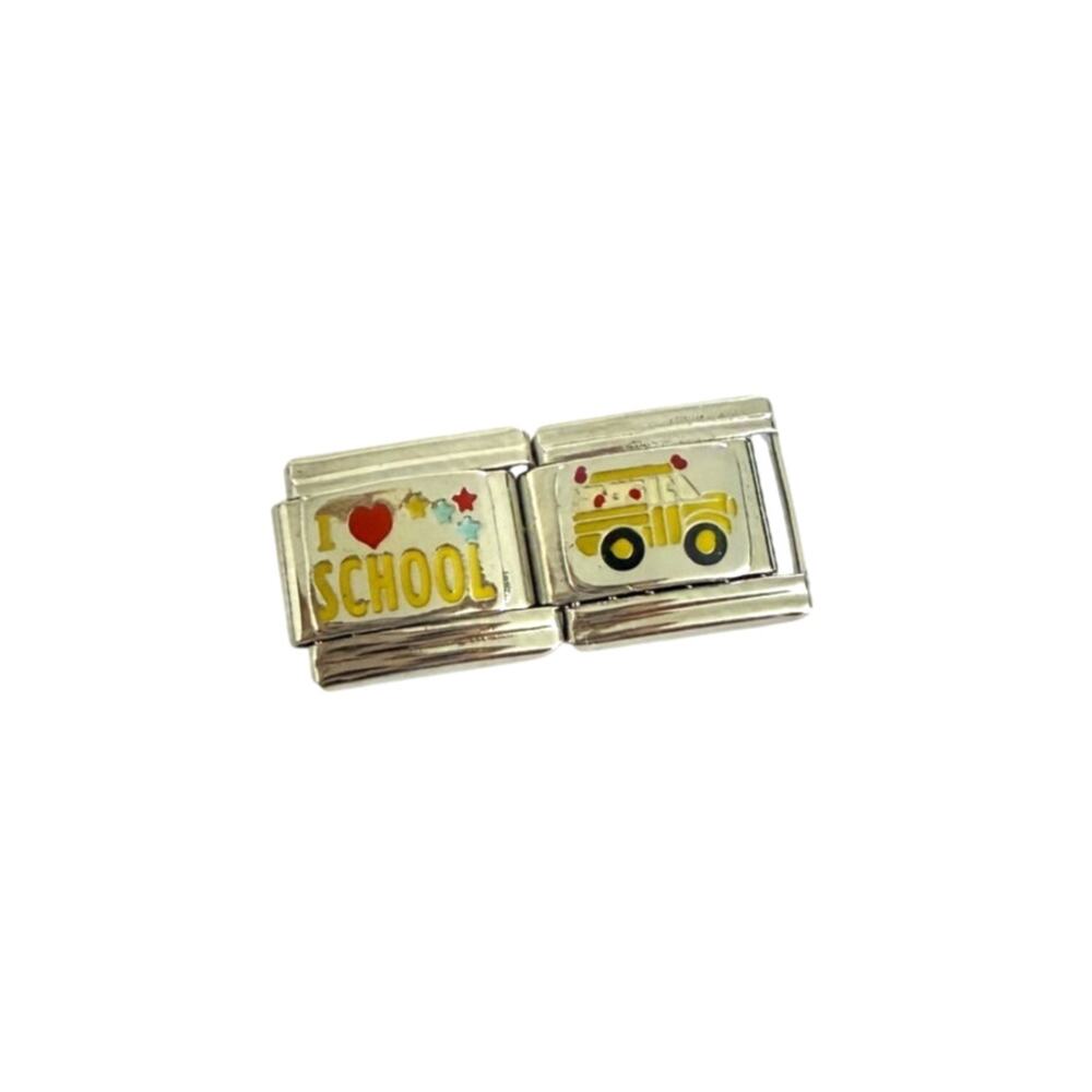 "I Love School" School Bus 9mm Silver Stainless Steel Italian Charms Y2K Vintage